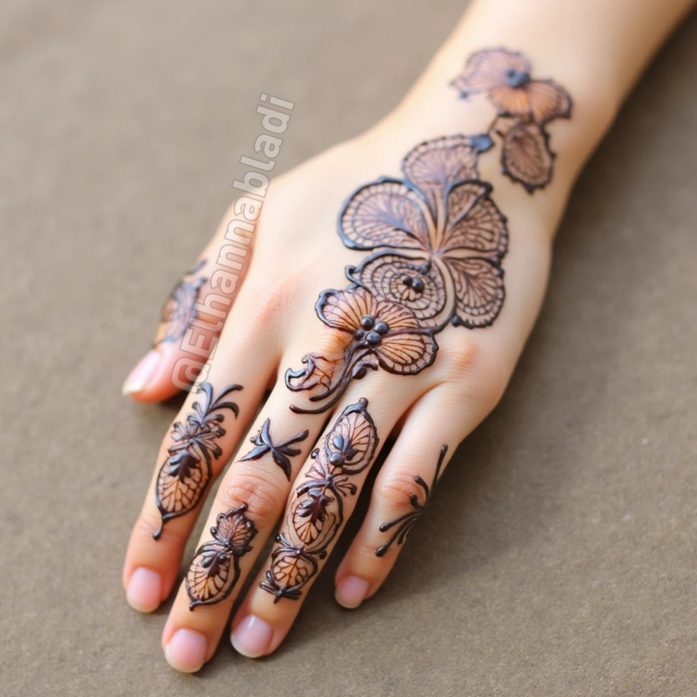 تصميم نقش حناء أنيق على اليدين، يحتوي على أزهار متشابكة بأحجام مختلفة، بتفاصيل دقيقة تزين راحة اليد والأصابع.