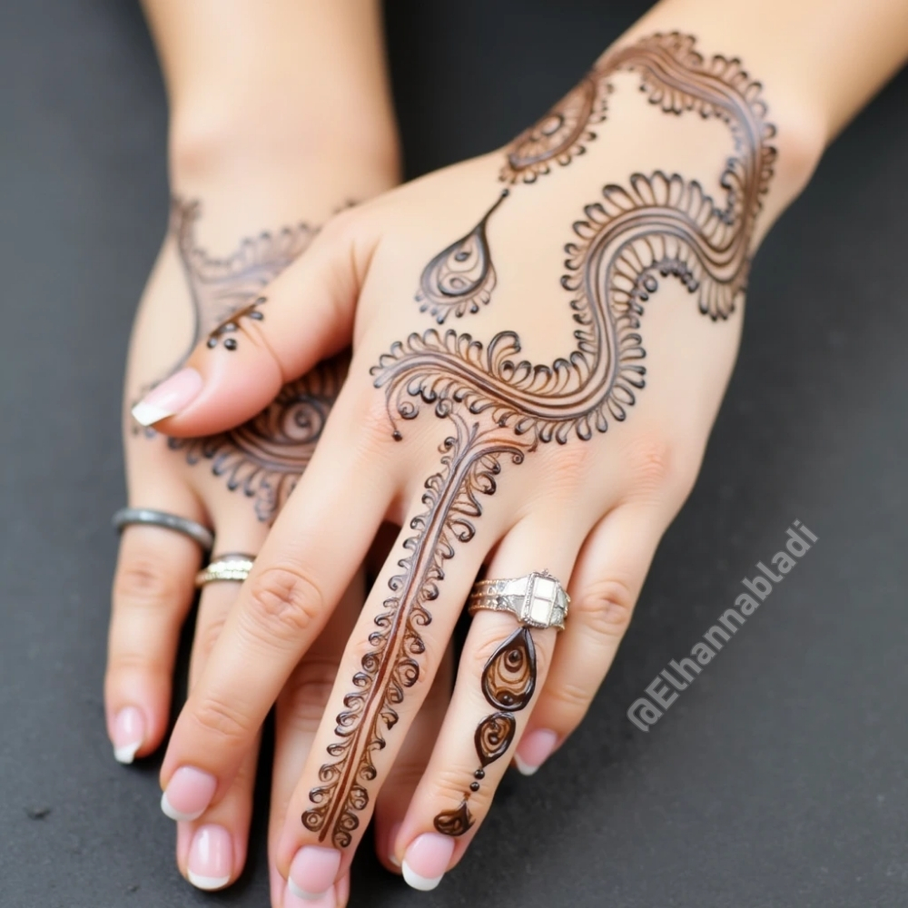 نقش حناء مبتكر على اليدين يتضمن قطرات ماء متصلة بخطوط دقيقة وأنيقة.