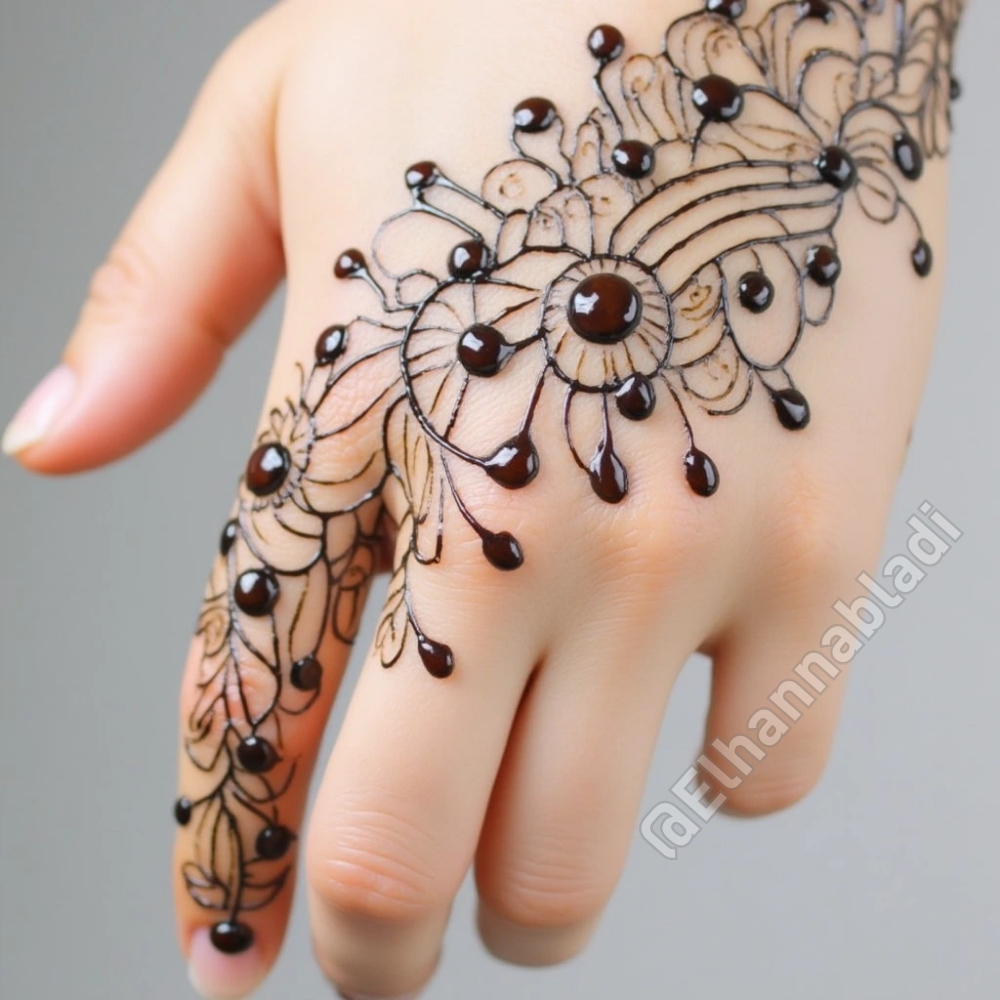 نقش حناء مبتكر على اليدين يتضمن قطرات ماء متصلة بخطوط دقيقة وأنيقة.