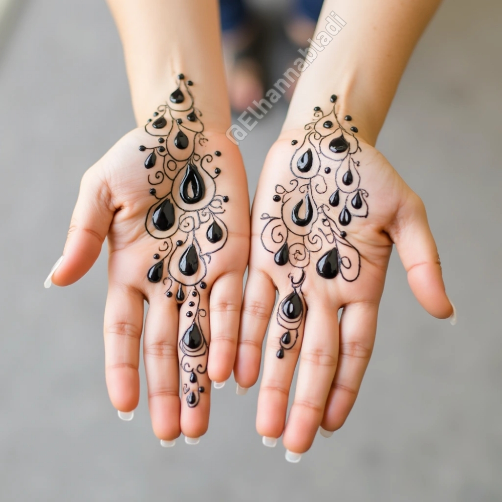 نقش حناء مبتكر على اليدين يتضمن قطرات ماء متصلة بخطوط دقيقة وأنيقة.