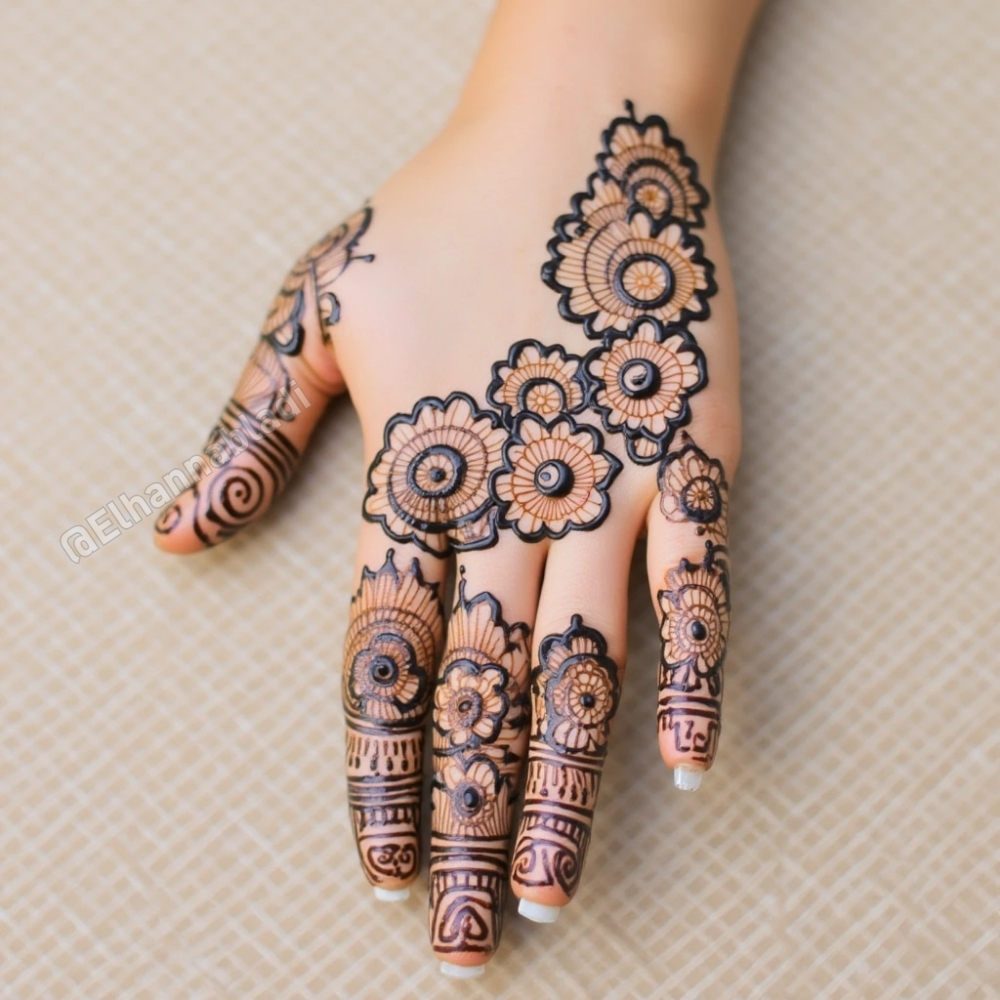 تصميم نقش حناء أنيق على اليدين، يحتوي على أزهار متشابكة بأحجام مختلفة، بتفاصيل دقيقة تزين راحة اليد والأصابع.