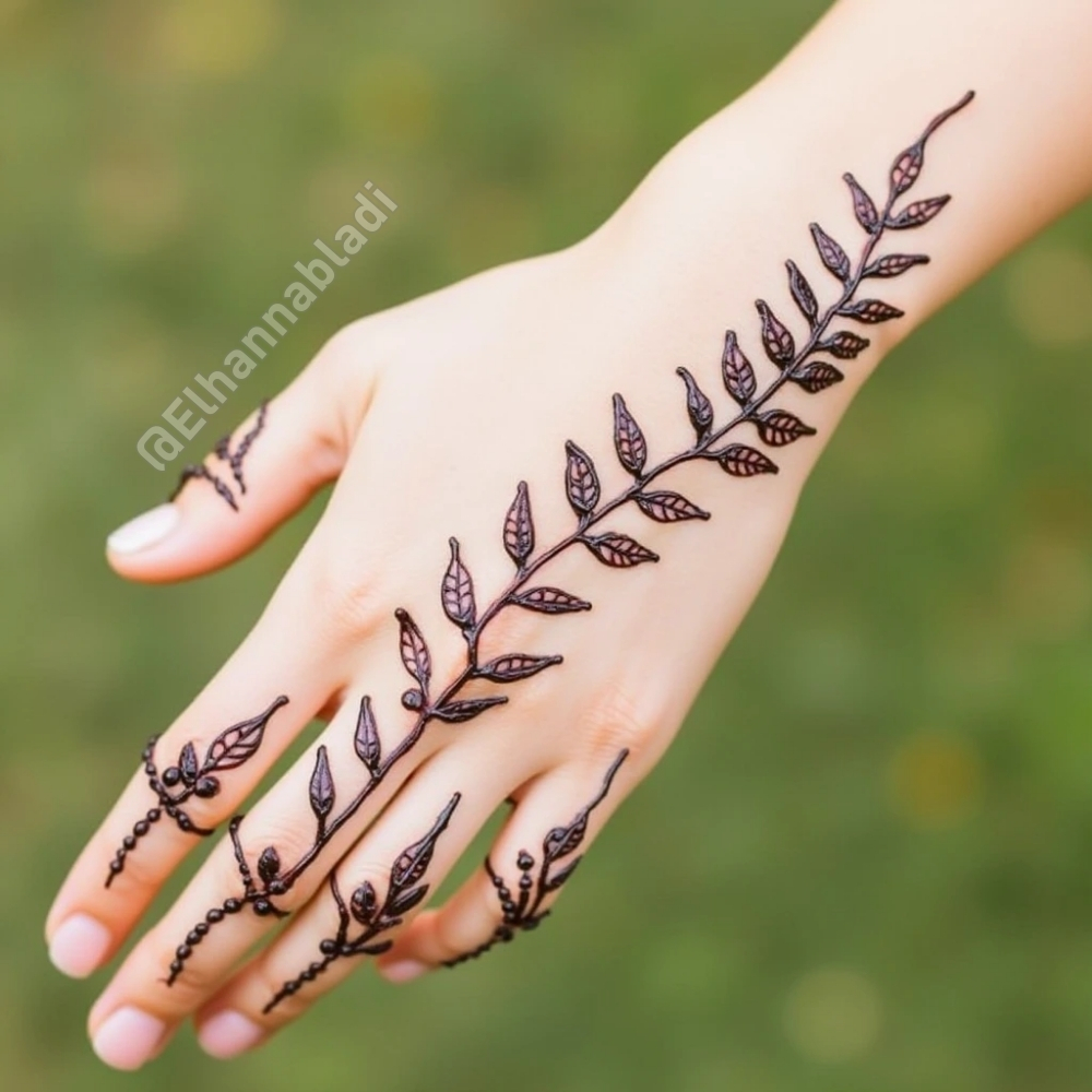 تصميم نقش مستوحى من غصن شجرة بأوراق صغيرة تمتد على طول اليد.