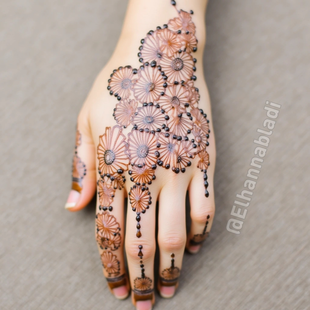 تصميم نقش حناء أنيق على اليدين، يحتوي على أزهار متشابكة بأحجام مختلفة، بتفاصيل دقيقة تزين راحة اليد والأصابع.