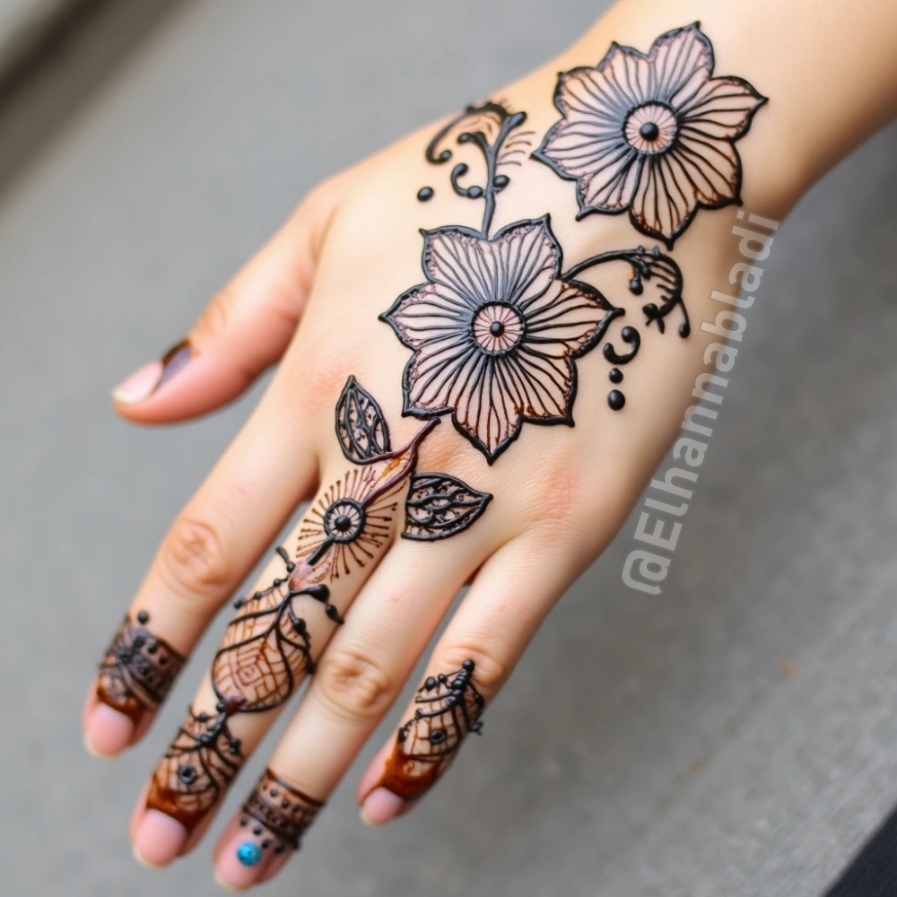 تصميم نقش حناء أنيق على اليدين، يحتوي على أزهار متشابكة بأحجام مختلفة، بتفاصيل دقيقة تزين راحة اليد والأصابع.