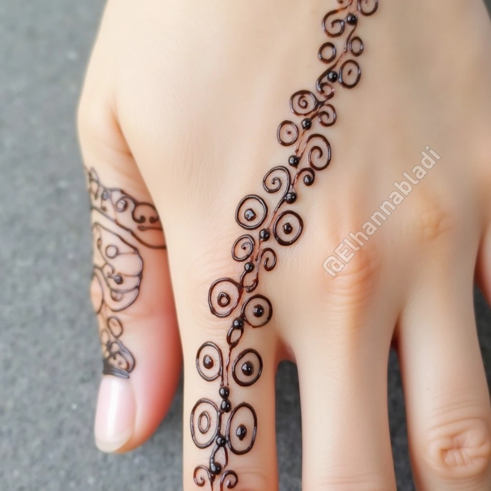 نقش يتضمن قطرات صغيرة متصلة بدوائر متداخلة على راحة اليد.