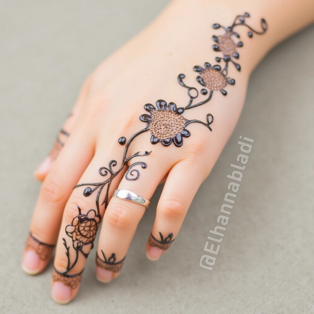 نقش بسيط على اليدين يضم ورودًا صغيرة متفرقة، تتوزع بطريقة منظمة على الأصابع وراحة اليد.