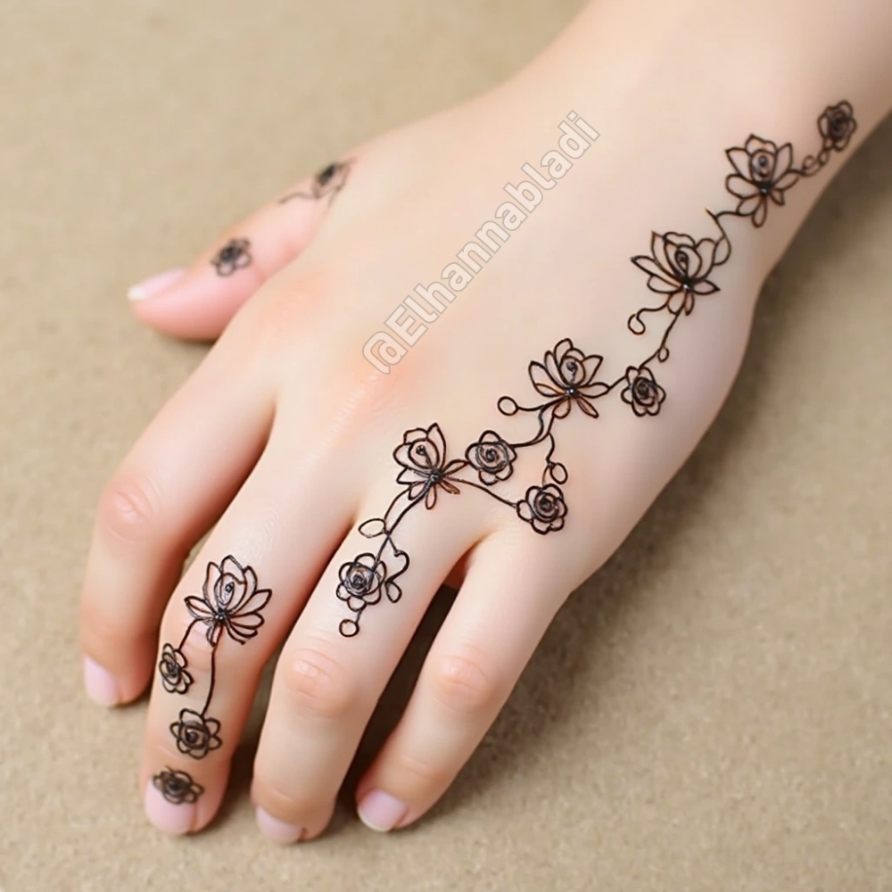 نقش بسيط على اليدين يضم ورودًا صغيرة متفرقة، تتوزع بطريقة منظمة على الأصابع وراحة اليد.