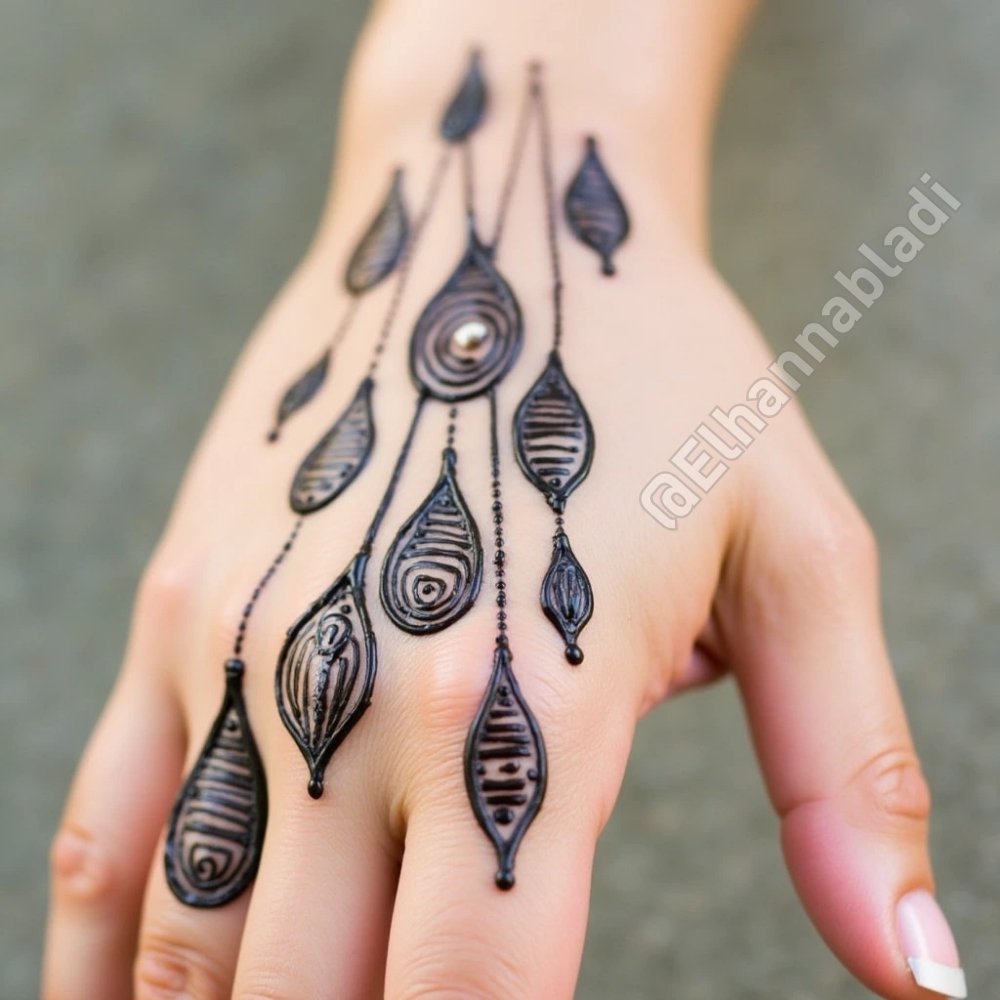 نقش حناء مبتكر على اليدين يتضمن قطرات ماء متصلة بخطوط دقيقة وأنيقة.